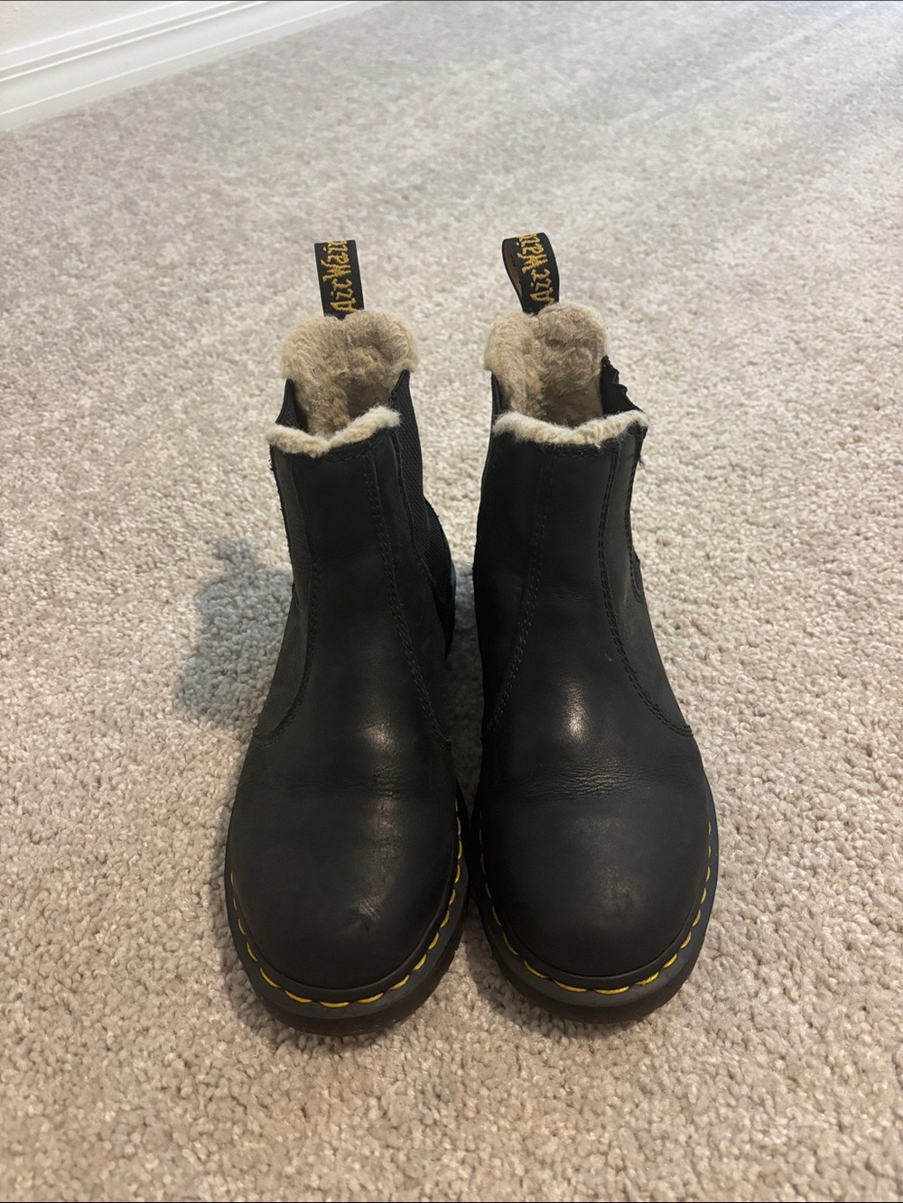 Dr. Martens Black Leather Shearling Chelsea Boots with Yellow Stitching
